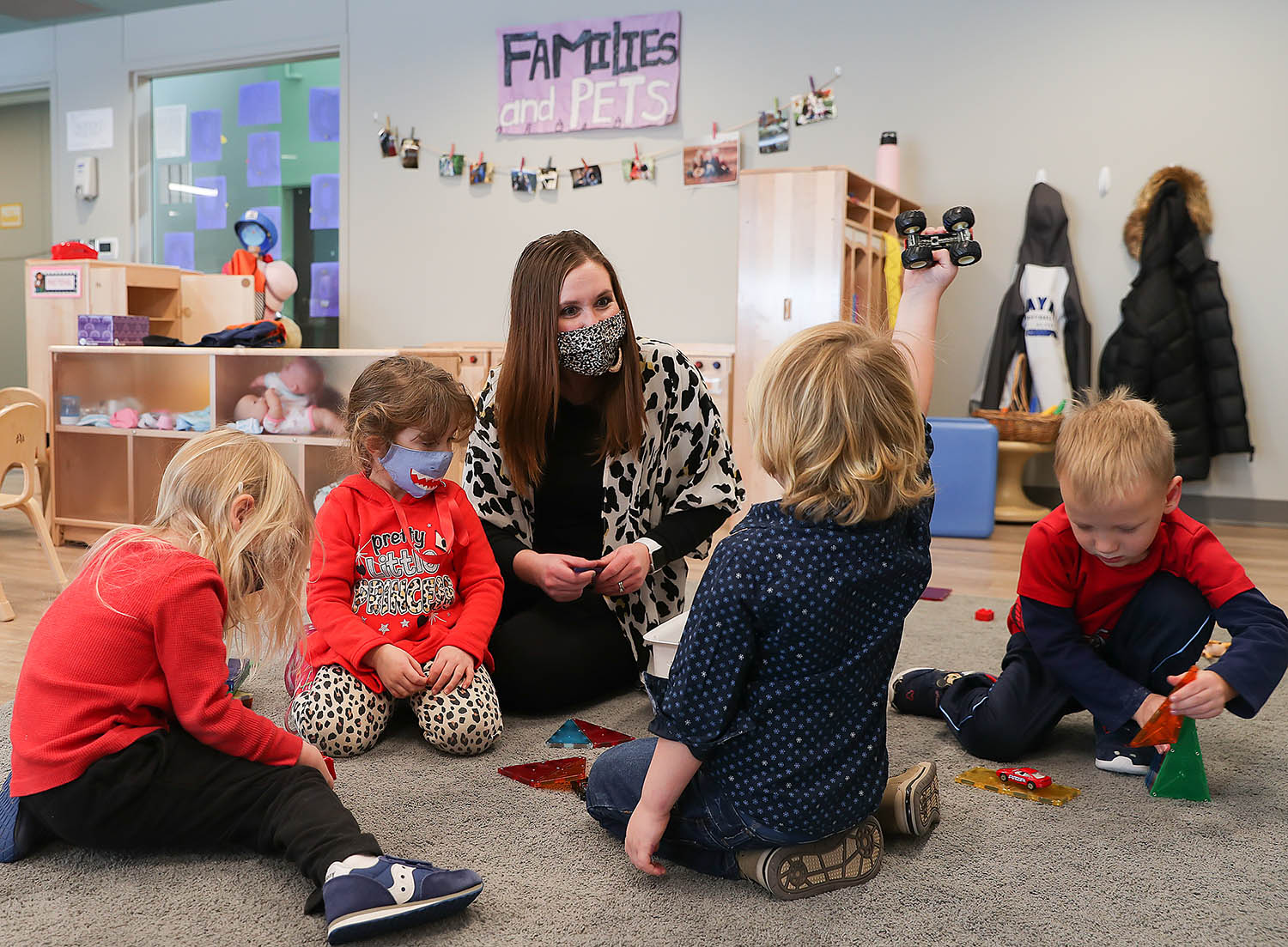 Interim Director Chelsea Bartling interacts with preschool students at UNK’s LaVonne Kopecky Plambeck Early Childhood Education Center. The center currently has openings in each of its eight classrooms. (Photos by Erika Pritchard, UNK Communications)
