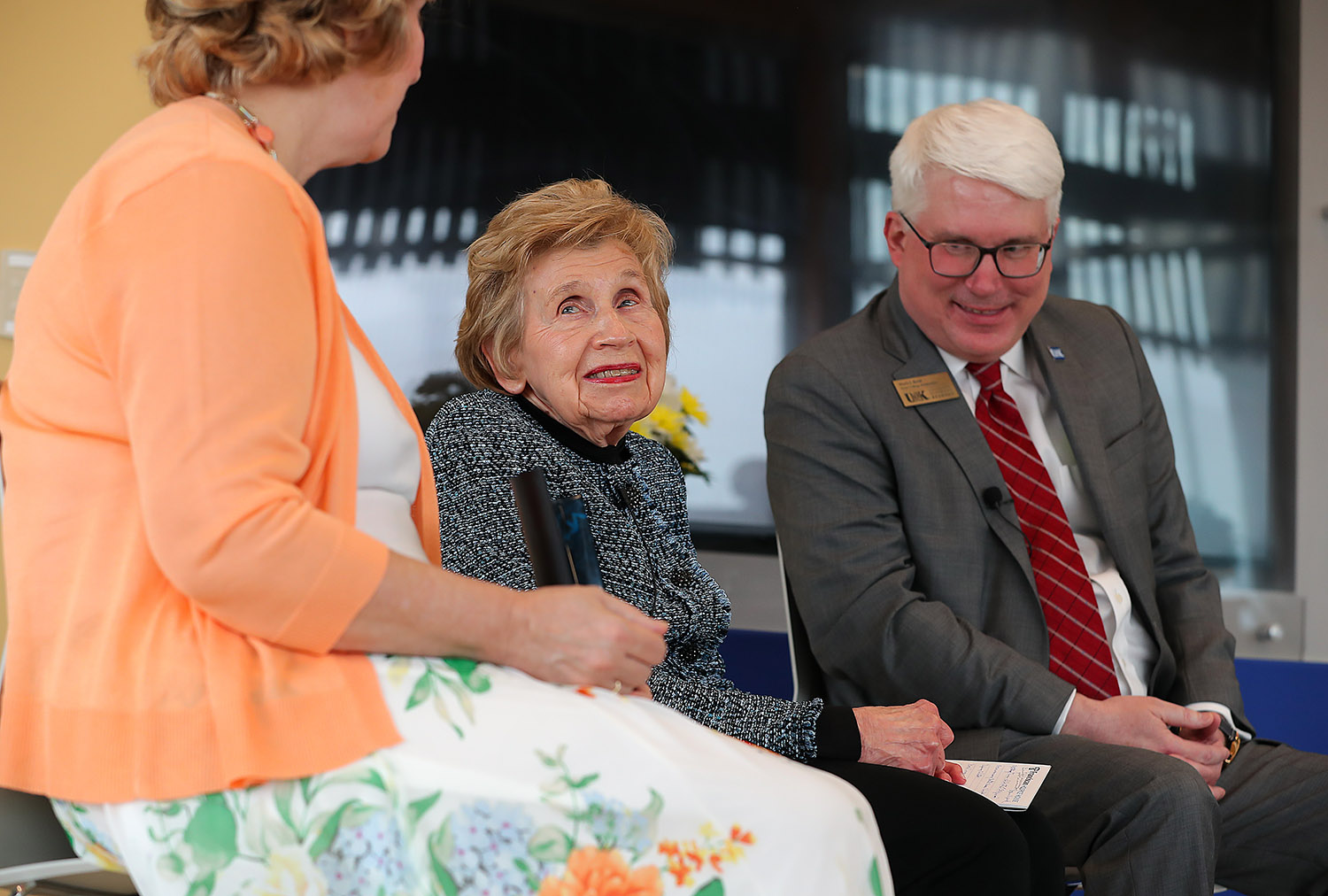 LaVonne Kopecky Plambeck, center, is pictured with fellow Early Childhood Pioneer Award recipient Roxanne Vipond and UNK College of Education Dean Mark Reid during Thursday evening's ceremony at the Plambeck Early Childhood Education Center.
