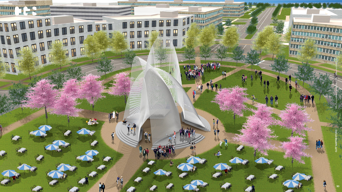 A large sculpture will be added to the Central Green space at University Village. “Parable” will include three large steel arches, with the shortest being 25 feet in height and the tallest 40 feet high at its peak. The sculpture measures 47 feet wide and will be surrounded on each side by four concrete performance stages and seating.