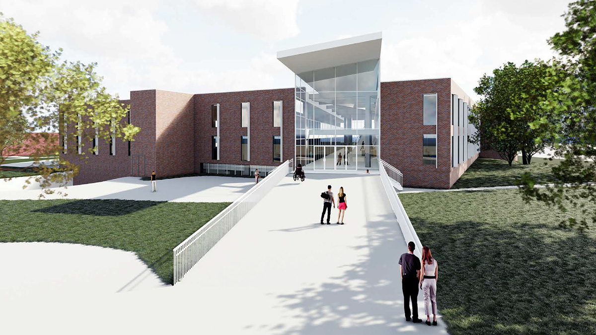 A proposed renovation project would make UNK’s Calvin T. Ryan Library more accessible and visually appealing. This rendering shows the revamped west entrance.