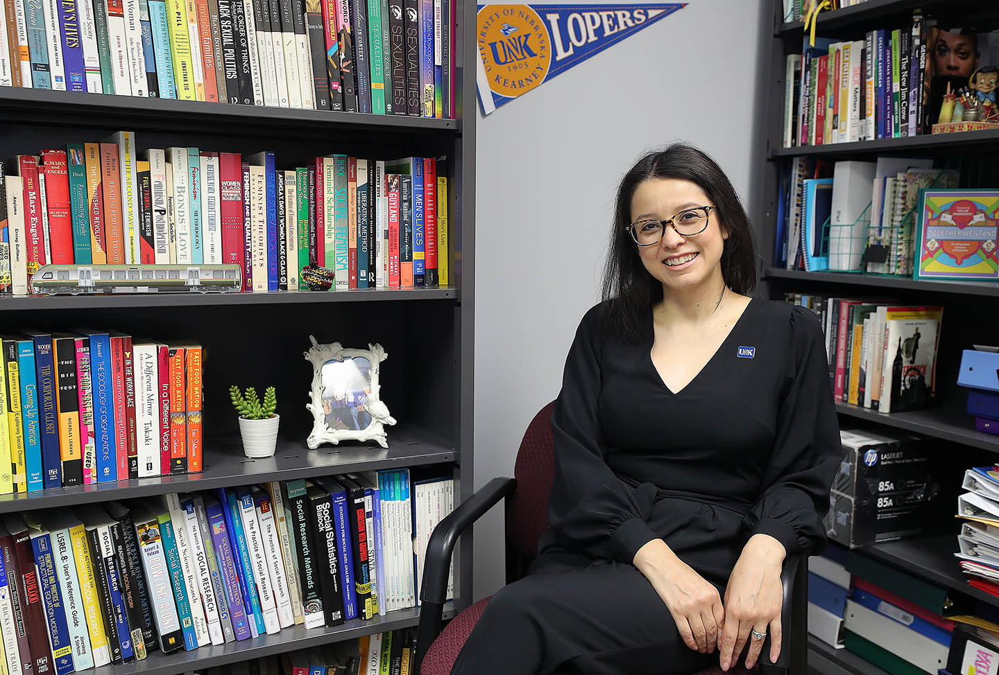 Associate sociology professor Sandra Loughrin is the first female minority to serve as director of UNK’s women’s, gender and ethnic studies program. She was appointed to the position in March. (Photos by Erika Pritchard, UNK Communications)