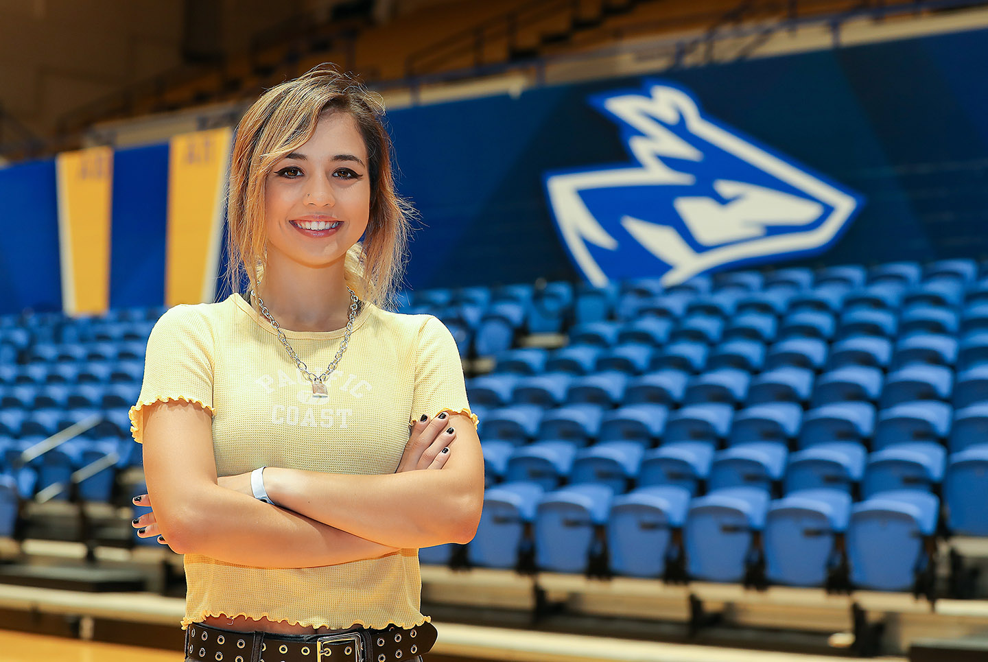 UNK junior Alexis Sander spends a lot of time in the Health and Sports Center, where she broadcasts Loper volleyball and women’s basketball games for the campus radio station, KLPR 91.1 FM.