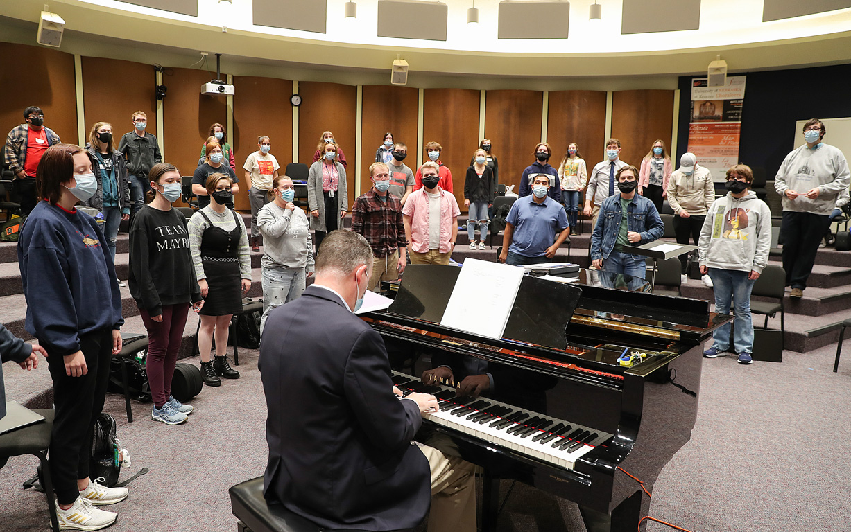 Led by Director of Choral Activities John Petzet, visiting high school students perform with the Choraleers during UNK Music Day.