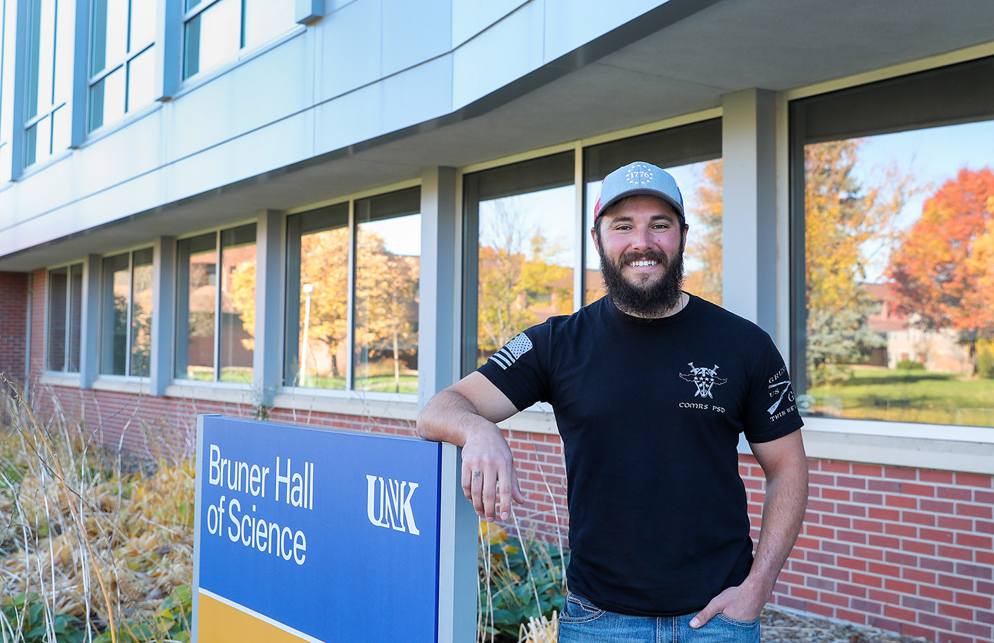 Josh Blaesi is a senior biology major in UNK’s pre-veterinary medicine program. He returned to college in fall 2018 after completing three deployments as a military police officer in the U.S. Army Reserve. (Photo by Erika Pritchard, UNK Communications)