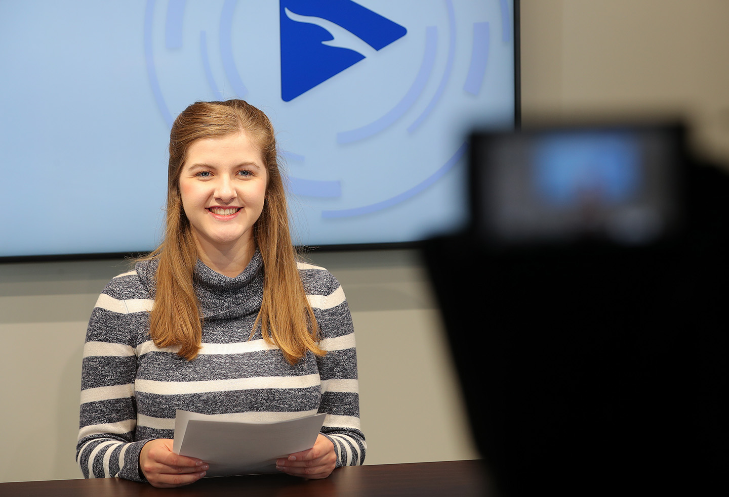 UNK junior Grace McDonald anchors the “Antelope News” show during production Thursday afternoon. (Photos by Erika Pritchard, UNK Communications)
