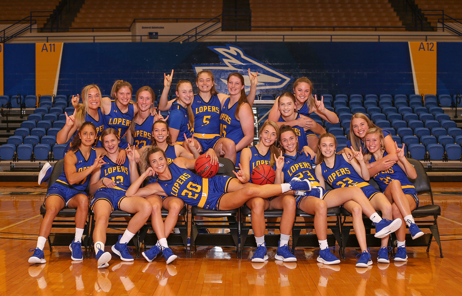 The UNK women’s basketball team knows when to be serious, and they also know how to let loose. (Photo by Corbey R. Dorsey, UNK Athletics)