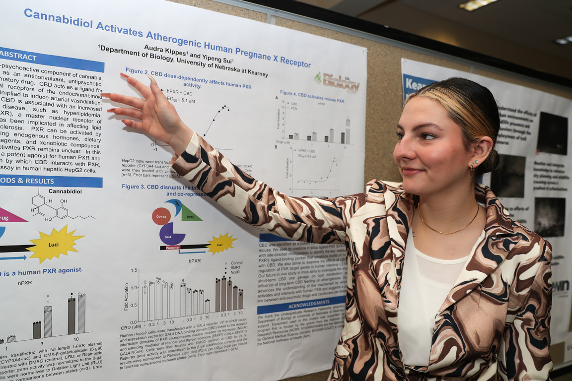 UNK senior Audra Kippes presents her research on CBD during Research Day.