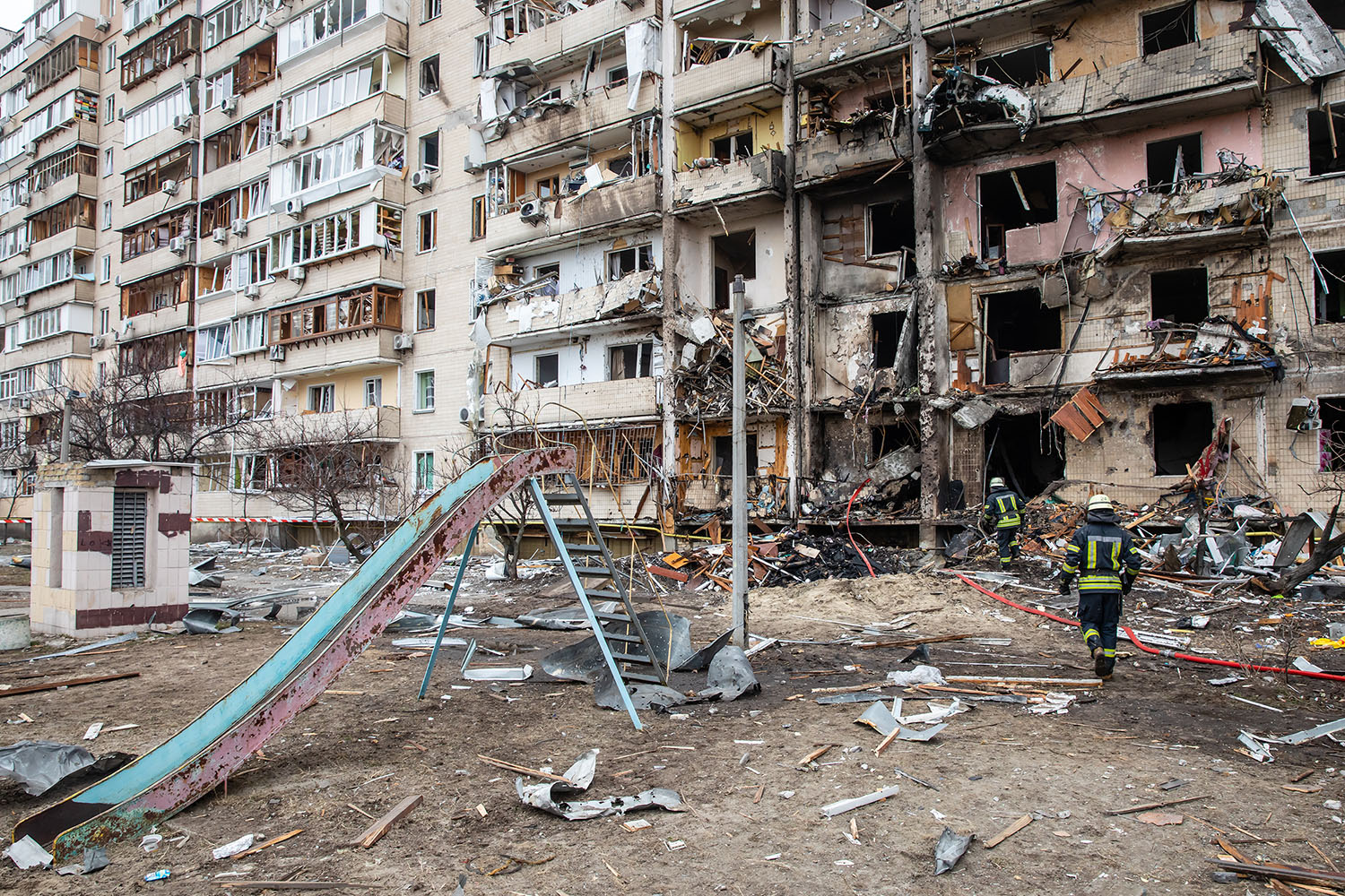 A residential building damaged by invading Russian forces in the Ukrainian capital Kyiv.