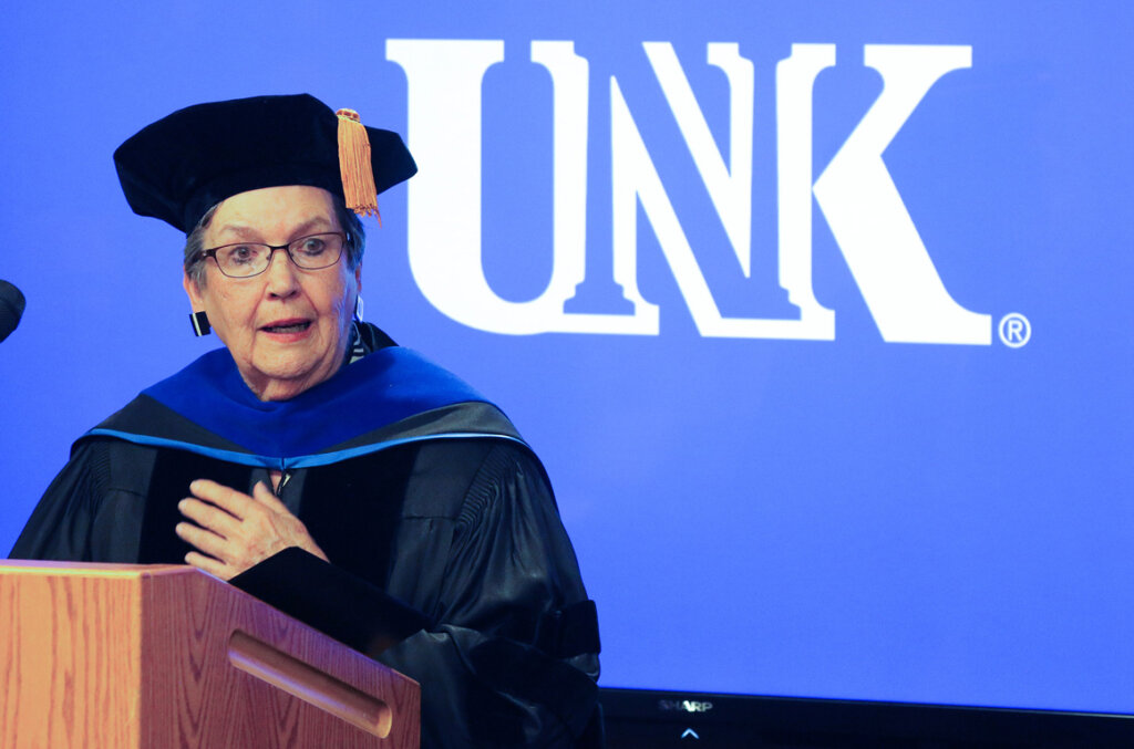 Eileen Carpenter shares her story Friday during an event recognizing her contributions to UNK.