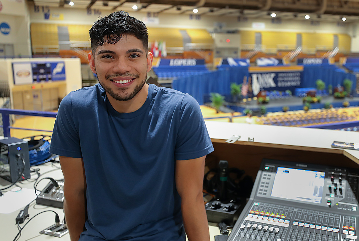 Giovanni Flores graduated this month with a Bachelor of Music degree. He’ll remain at UNK to continue working as the audio and events technician in the Department of Music, Theatre and Dance. (Photos by Erika Pritchard, UNK Communications)
