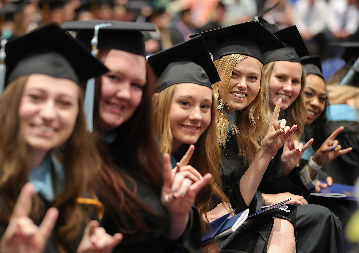 Sydney Hansen of Minden, third from right, received her second degree from UNK during Friday’s spring commencement ceremony. She graduated with a master’s degree in elementary school counseling. (Photos by Erika Pritchard, UNK Communications)
