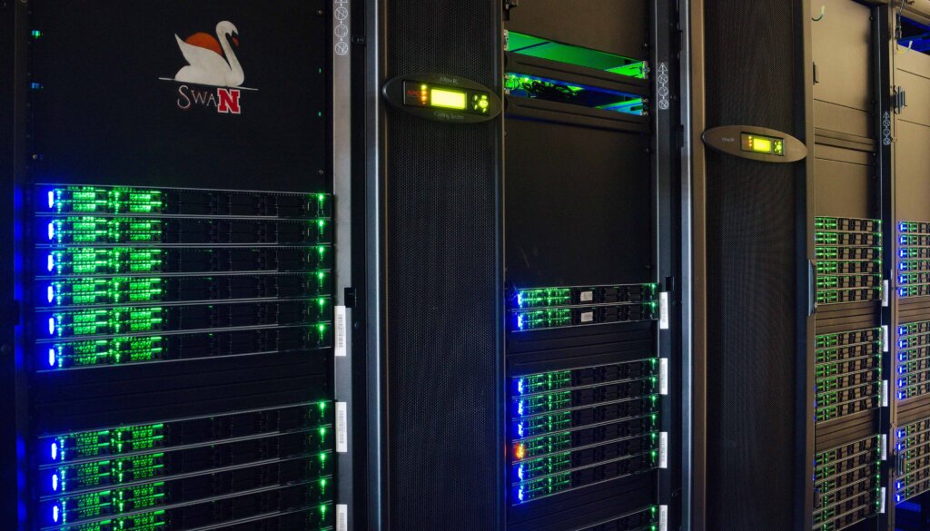 The Swan supercomputer in the Holland Computing Center is available at no cost to researchers, instructors and students. It is named in honor of David Swanson, the founding director of the computing center. (Courtesy Holland Computing Center)