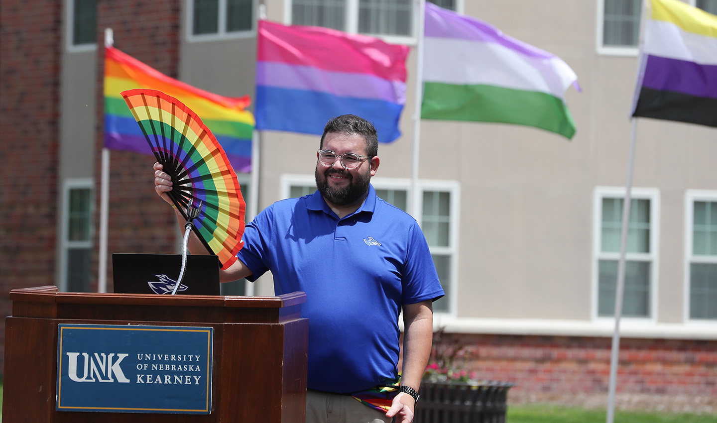 Luis Olivas, interim director of UNK’s Office of Student Diversity and Inclusion, is pictured during this year’s Pride Month celebration on campus. (Photos by Erika Pritchard, UNK Communications)