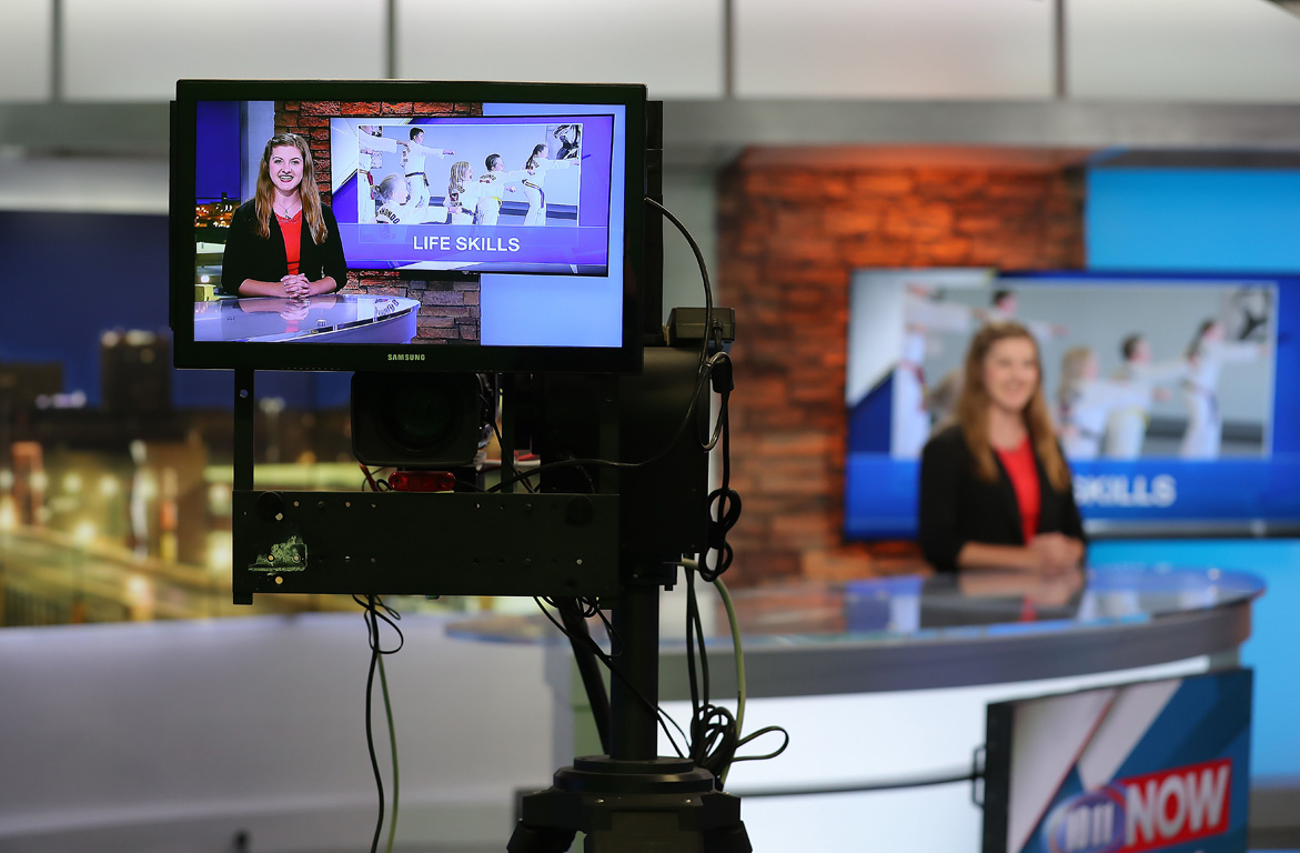 UNK senior Grace McDonald records a news feature in the 10/11 NOW studio. The multimedia and journalism major completed an internship at the Lincoln TV station this summer. (Photos by Erika Pritchard, UNK Communications)