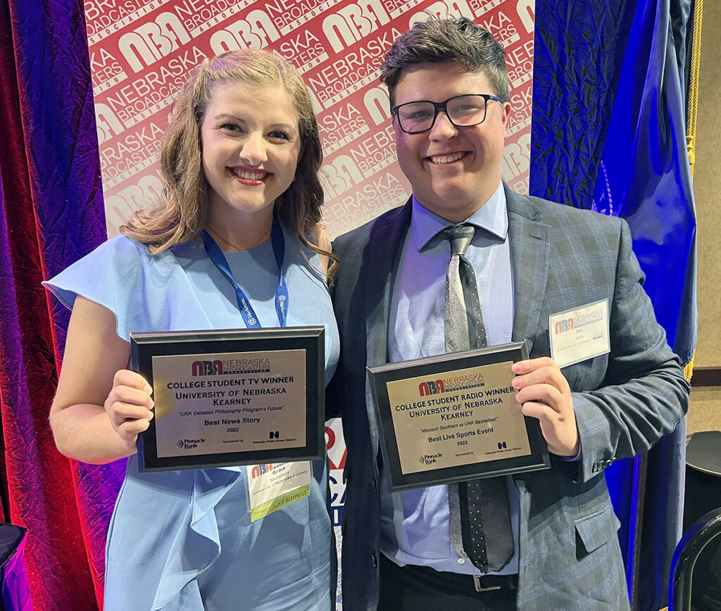 Grace McDonald and Jon Willis are pictured with their Pinnacle Awards Wednesday during the Nebraska Broadcasters Association’s annual convention in Lincoln.