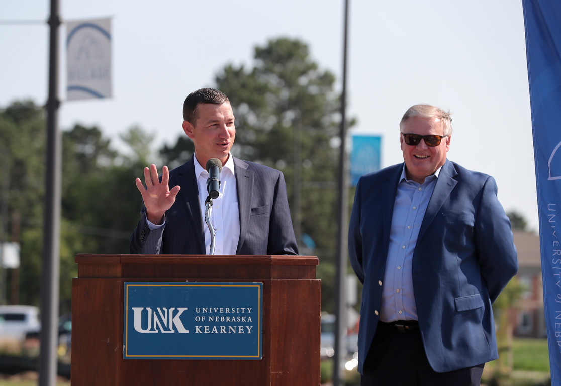 University Village board member Joey Cochran, left, and UNK Chancellor Doug Kristensen spoke during Thursday’s groundbreaking for the new Regional Engagement Center. The 52,000-square-foot facility will be located directly west of the Village Flats residence hall on UNK’s University Village development. (Photos by Erika Pritchard, UNK Communications)