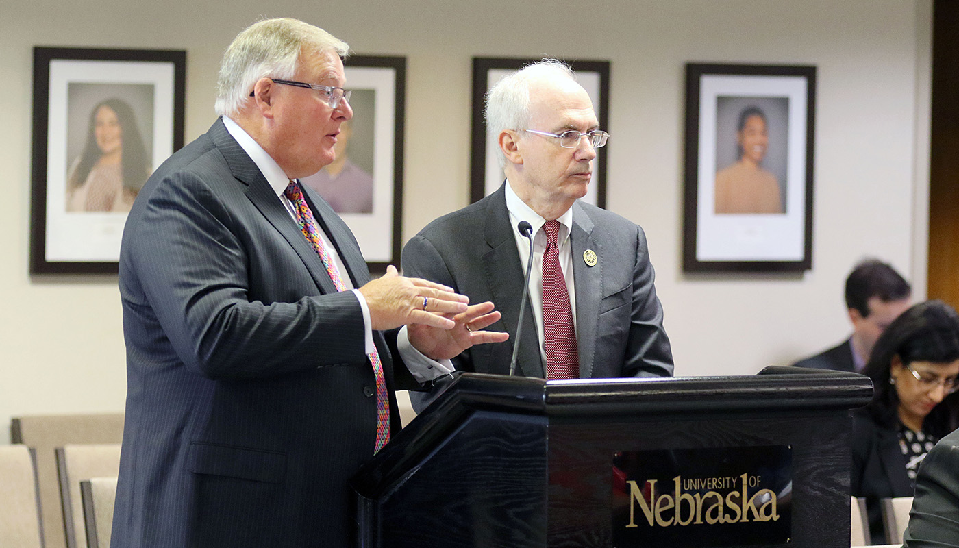 UNK Chancellor Doug Kristensen, left, and UNMC Chancellor Jeffrey Gold discuss the Rural Health Education Building during Thursday’s University of Nebraska Board of Regents meeting in Lincoln. (Photo by Todd Gottula, UNK Communications)