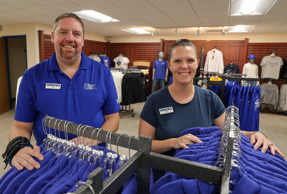 Manager Len Fangmeyer, left, and assistant manager Dawn Bickford are pictured at the new Loper Spirit Shop on campus. (Photos by Erika Pritchard, UNK Communications)