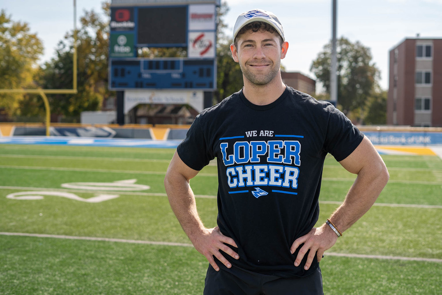 Bryant Isaacs joined the UNK cheer team during his second semester on campus, despite having no prior experience. (Photo by Kylie Schwab, The Antelope)
