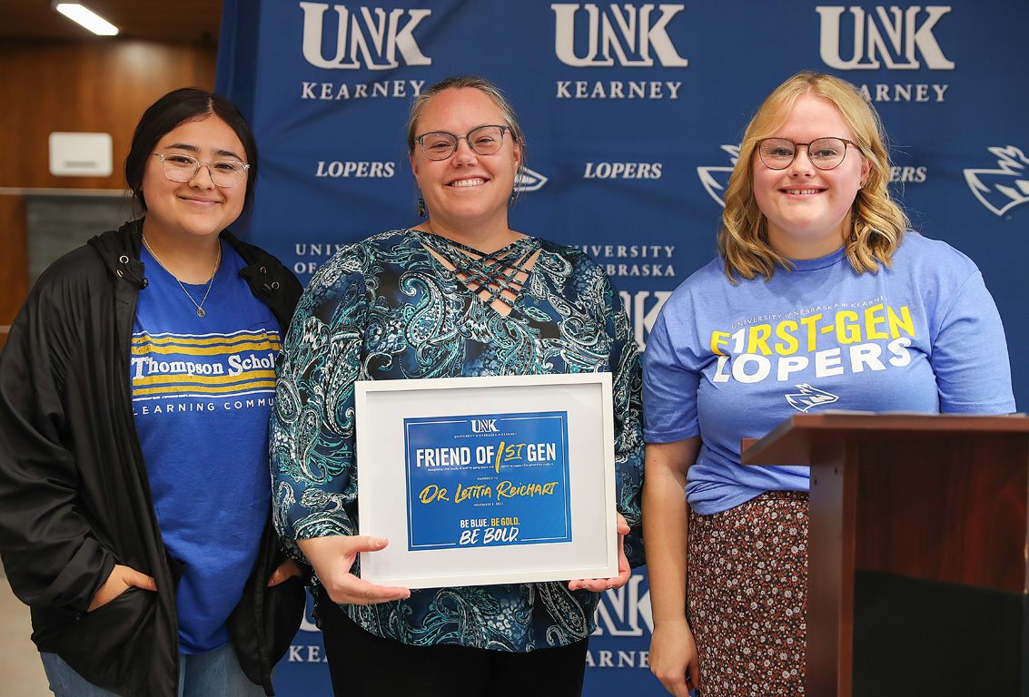 Biology professor Letty Reichart, center, was recognized with the Friend of First Gen Award during Wednesday's First-Gen Day celebration.