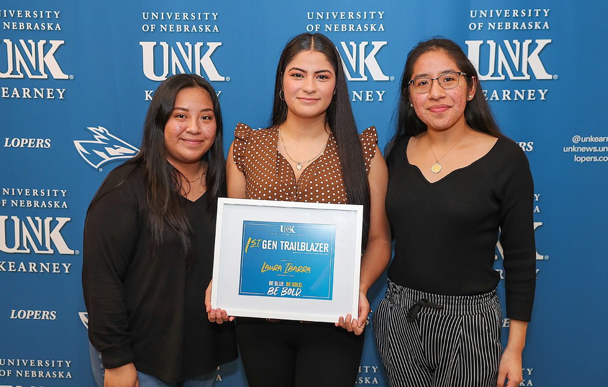 Laura Ibarra Arreguin, center, received the Trailblazer Award recognizing an outstanding first-generation student during Wednesday's First-Gen Day celebration.