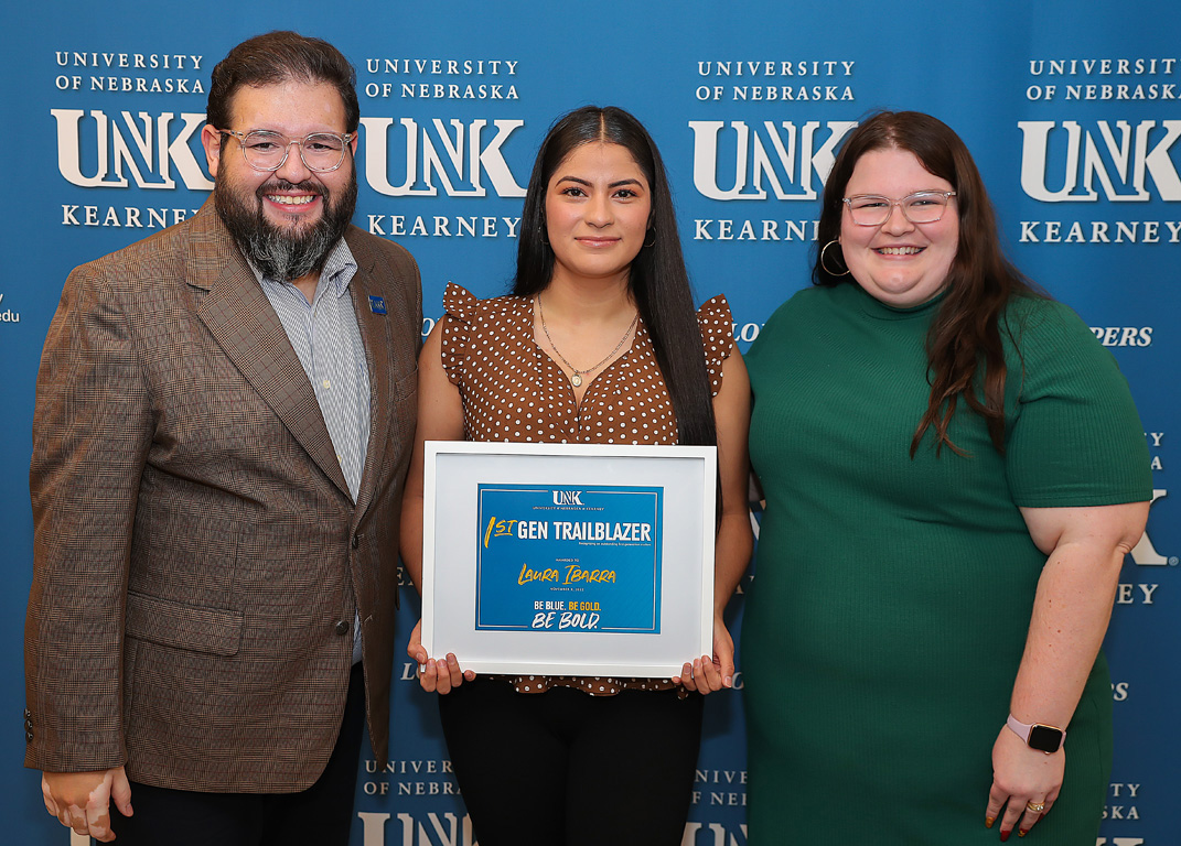 Laura Ibarra Arreguin, center, received the Trailblazer Award recognizing an outstanding first-generation student Wednesday during UNK’s annual First-Gen Day celebration. She’s pictured with Luis Olivas, interim director of UNK’s Office of Student Diversity and Inclusion, and Ashley Olivas, a senior adviser with TRIO Student Support Services on campus.