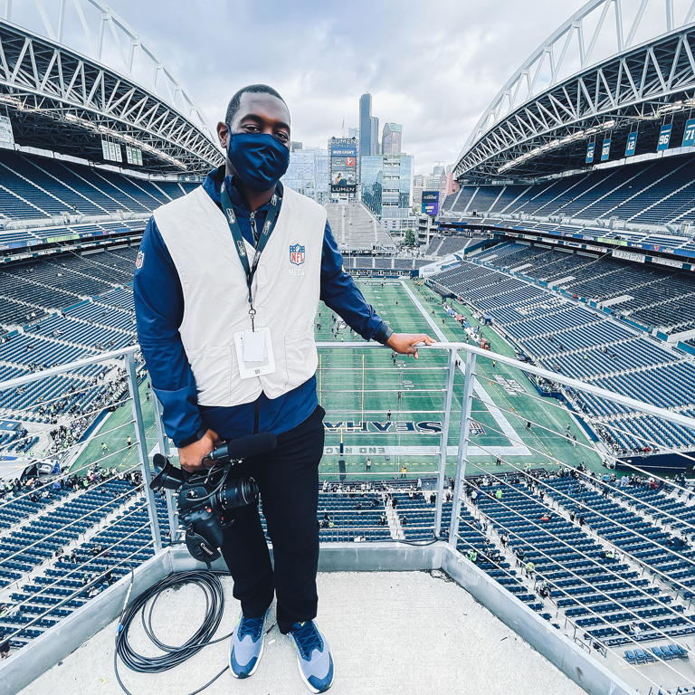 UNK graduate Edwin Hooper works as a social media specialist for the Seattle Seahawks. He’s pictured at Lumen Field, where the team plays its home games. (Courtesy photo)