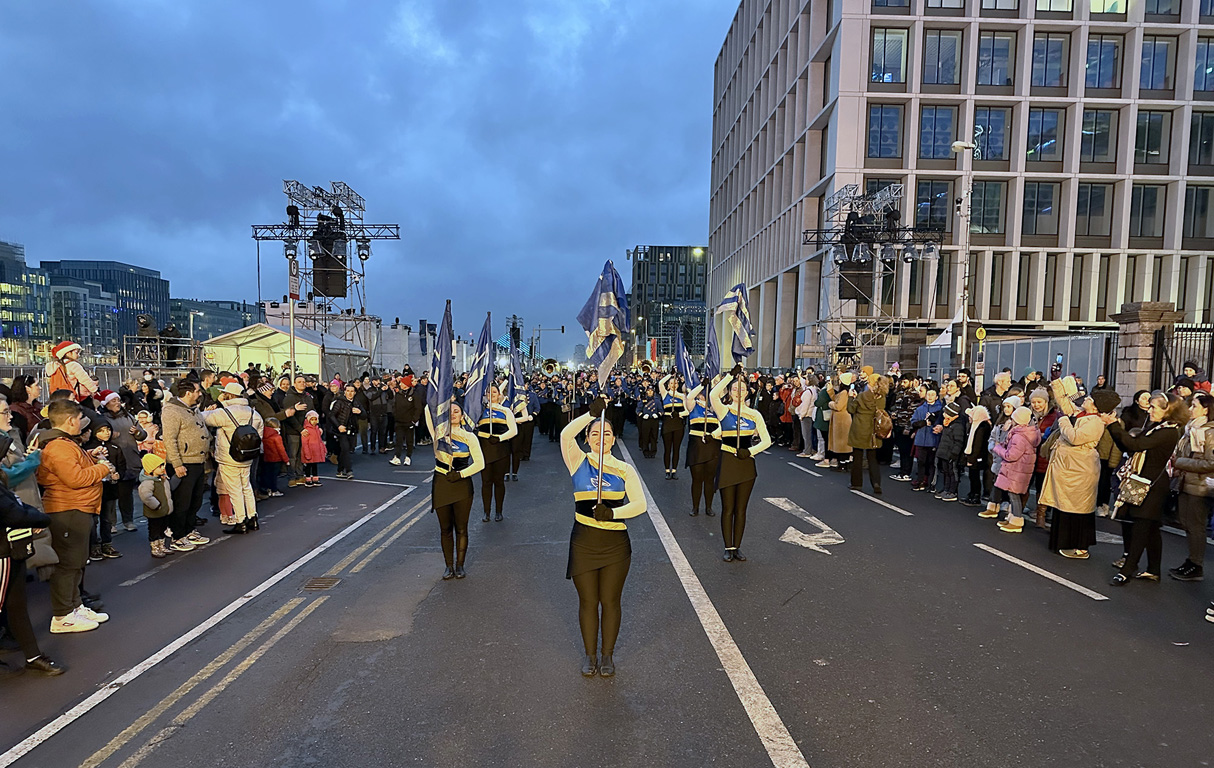 The UNK Pride of the Plains Marching Band performs during the New Year’s Festival in Dublin, Ireland.