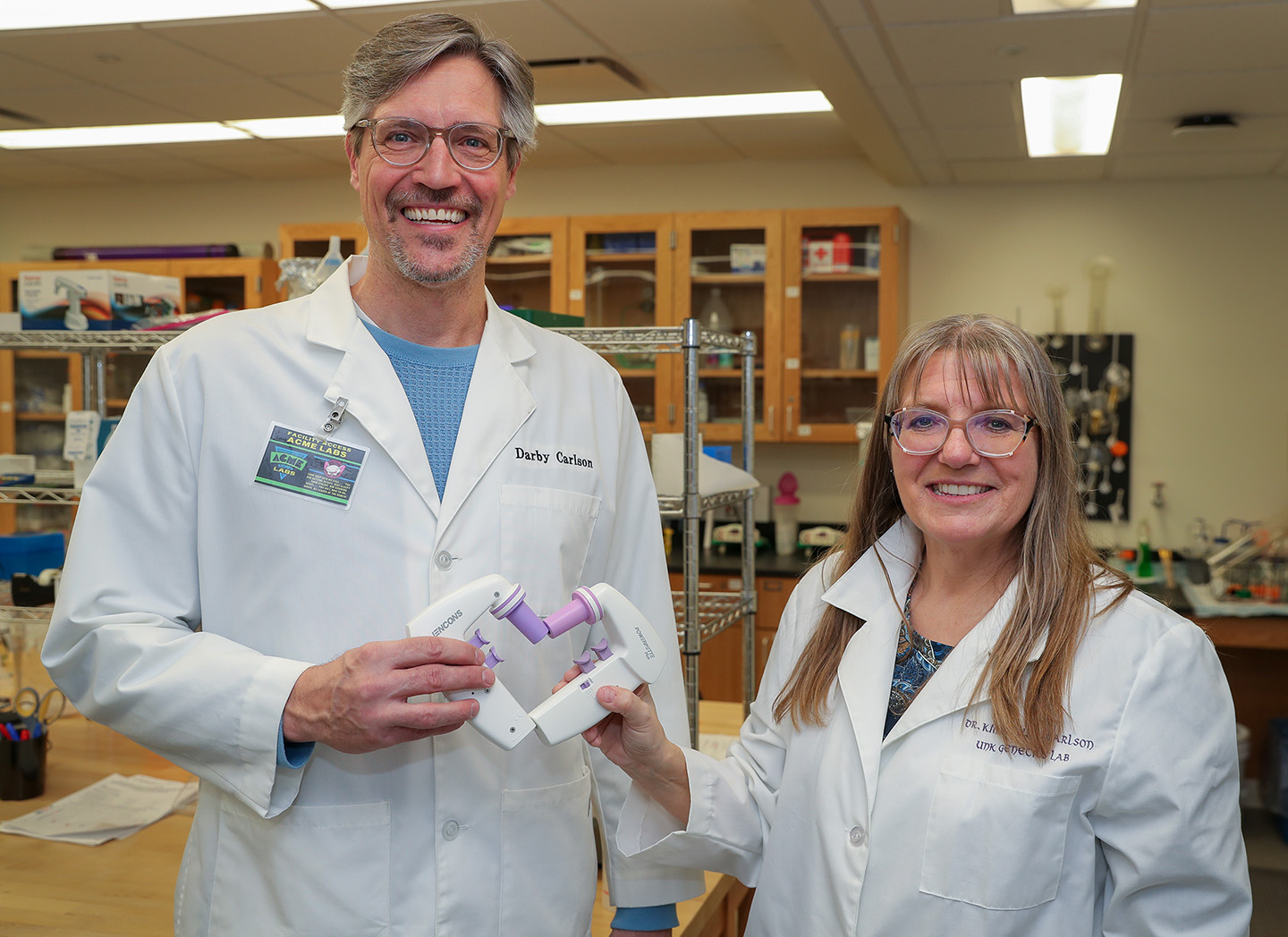 Darby and Kim Carlson both teach in the UNK Department of Biology, where he’s a senior lecturer and she’s a professor and department co-chair. They first met as undergraduate students at UNK. (Photo by Erika Pritchard, UNK Communications)