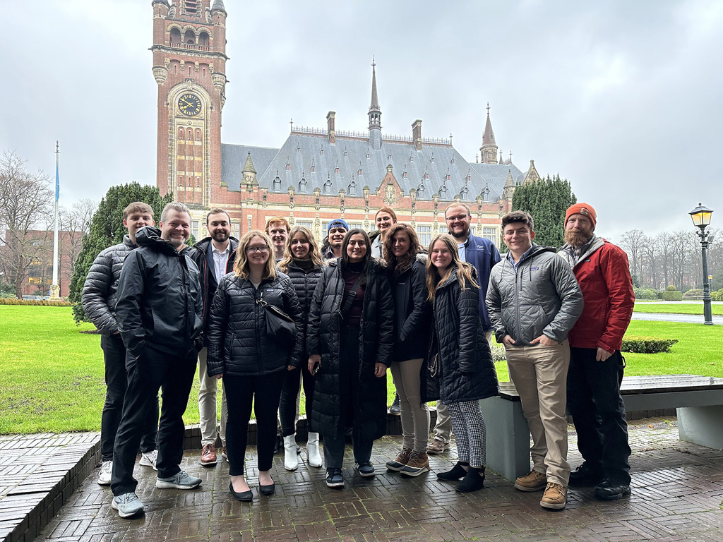 Students and faculty from UNK and the Nebraska College of Law recently spent two weeks in Europe as part of a field study course focusing on international law. They’re pictured outside the International Court of Justice in The Hague, Netherlands. (Courtesy photos)