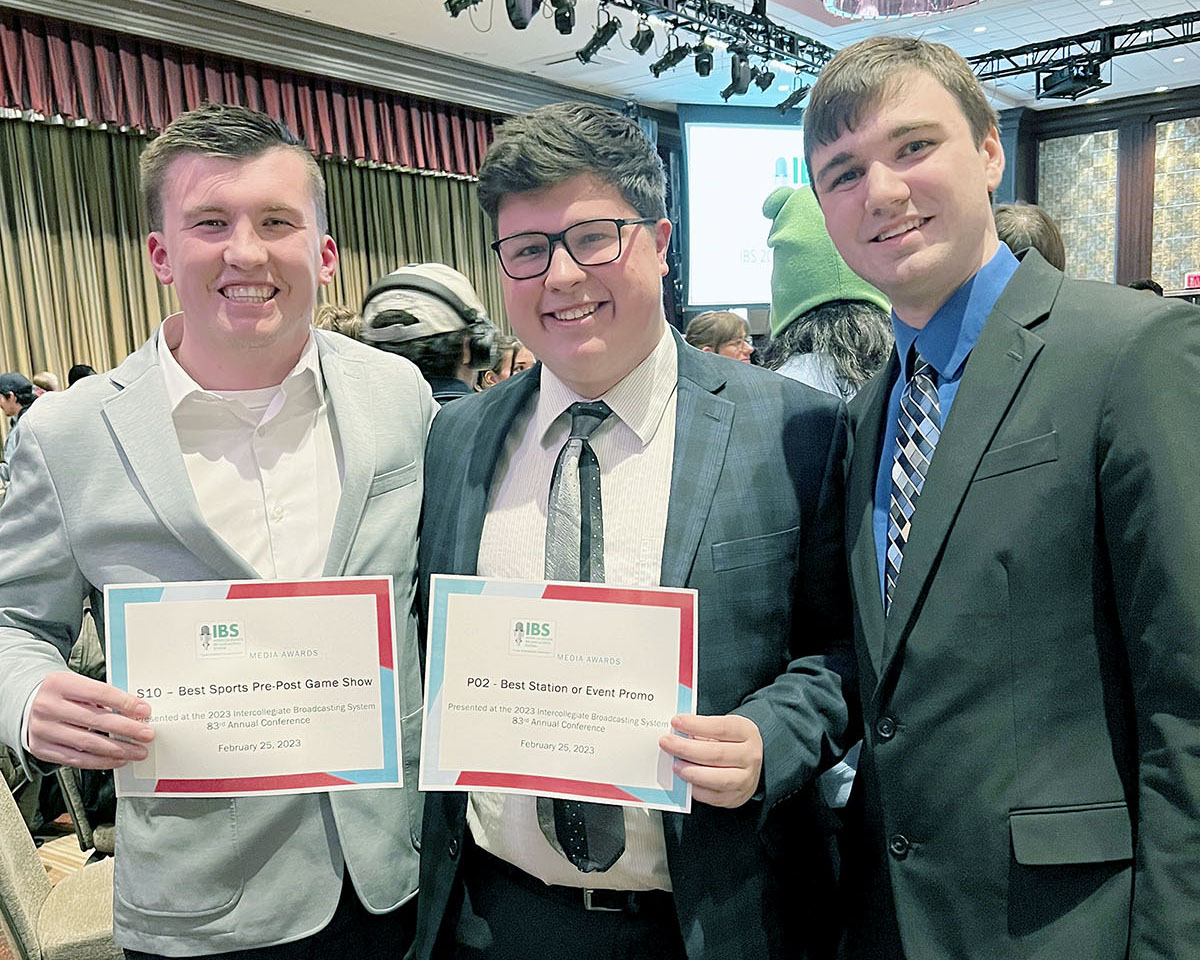 UNK students, from left, Ethan McCormick, Jon Willis and Grant Tighe are pictured during last weekend’s Intercollegiate Broadcasting System annual conference in New York City. (Courtesy photo)