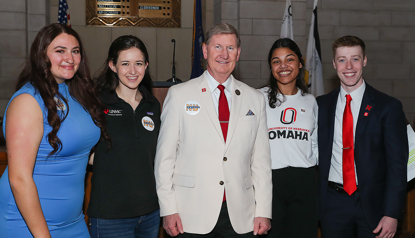 Emily Saadi is pictured with University of Nebraska System President Ted Carter and student regents from the other NU campuses during "I Love NU" Day at the State Capitol.