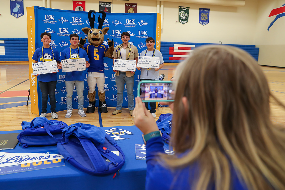 From left, Gibbon High School students Hernan Vargas, Jesus Hernandez, Alejandro Flores and Eduardo Simental pose for a photo during Thursday’s signing ceremony. They all received scholarships to attend UNK. (Photos by Erika Pritchard, UNK Communications)