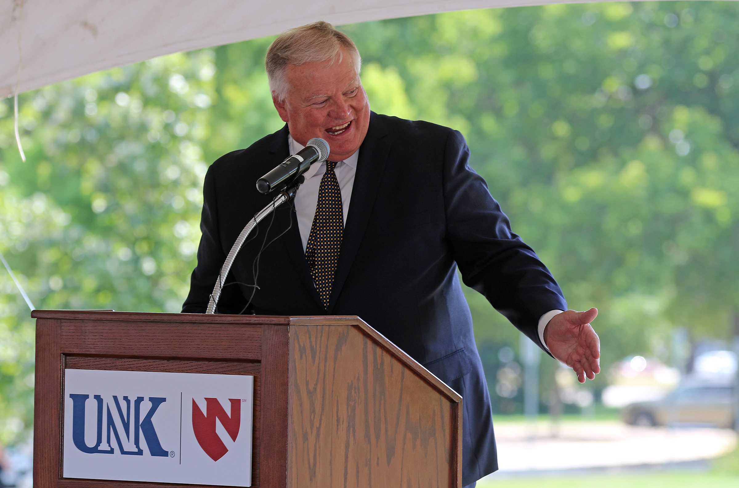 Speaking during last week’s groundbreaking ceremony for the new Rural Health Education Building in Kearney, UNK Chancellor Doug Kristensen called the project a historic collaboration that will “change Nebraska like no other.” (Photo by Todd Gottula, UNK Communications)