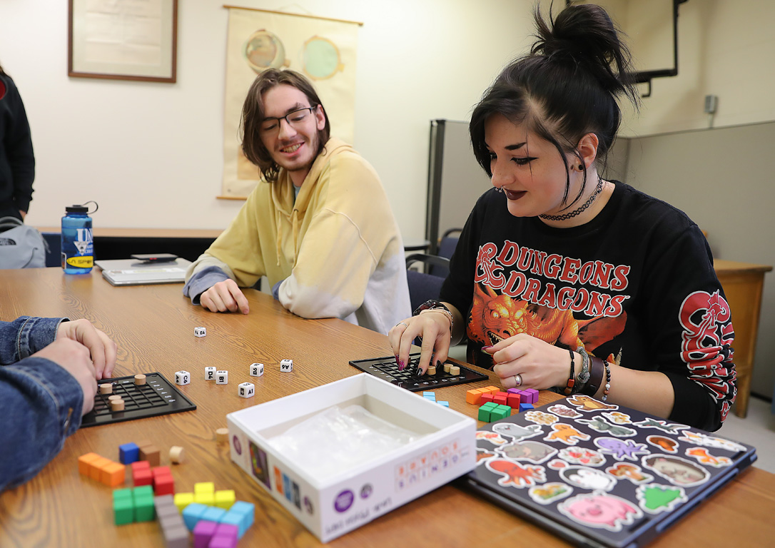Alyssa Seim, right, is one of 16 students enrolled in The Psychology of Gaming course at UNK. “It’s very interactive and that makes learning those really hard psychological concepts so much easier because you can connect it to something that you do on an almost daily basis,” she said. (Photos by Erika Pritchard, UNK Communications)