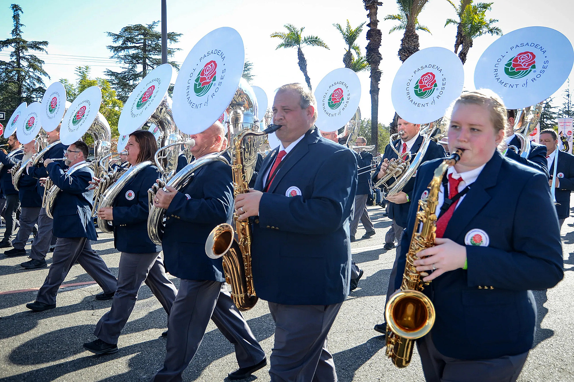 Brock Persson and other members of The Band Directors Marching Band perform during the Rose Parade in 2022. (Eric Mills Photography)