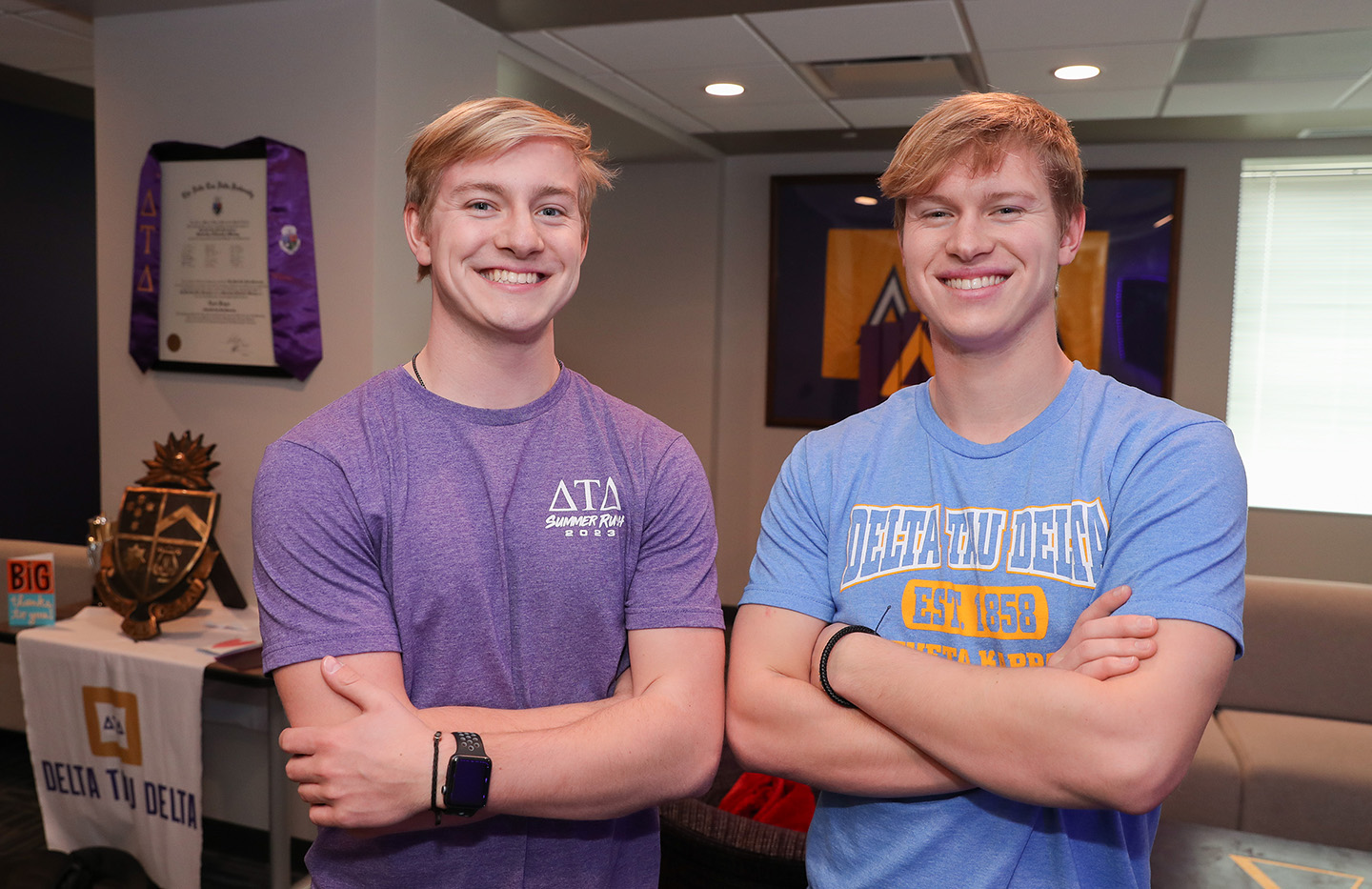 UNK freshmen Dylan, left, and Derek Pfeifer like to stay busy. They’re both members of the Honors Program, Kearney Health Opportunities Program, Health Science Club and Delta Tau Delta fraternity. (Photo by Erika Pritchard, UNK Communications)