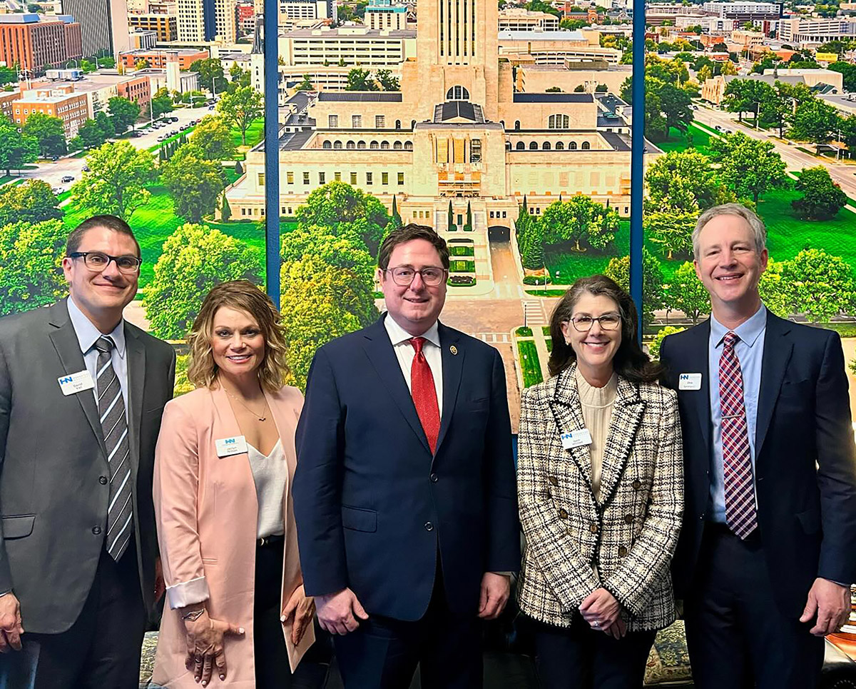 David Vail and other Humanities Nebraska representatives are pictured with U.S. Rep. Mike Flood, center, during a meeting last week in Washington, D.C. From left, Vail, Jaclyn Wilson and Beth Whited serve on the Humanities Nebraska Council and Chris Sommerich is the organization’s executive director. (Humanities Nebraska)