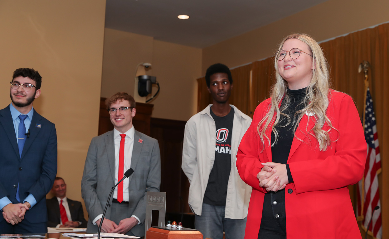 UNK graduate and current UNMC Student Senate President Katie Schultis addresses the crowd Wednesday during “I Love NU” Day at the State Capitol in Lincoln.