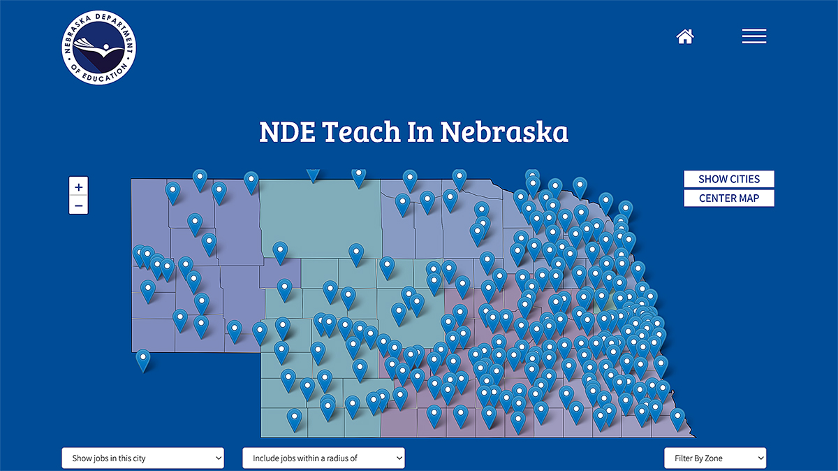 A map on the Nebraska Department of Education website shows many of the PK-12 job openings in the state.