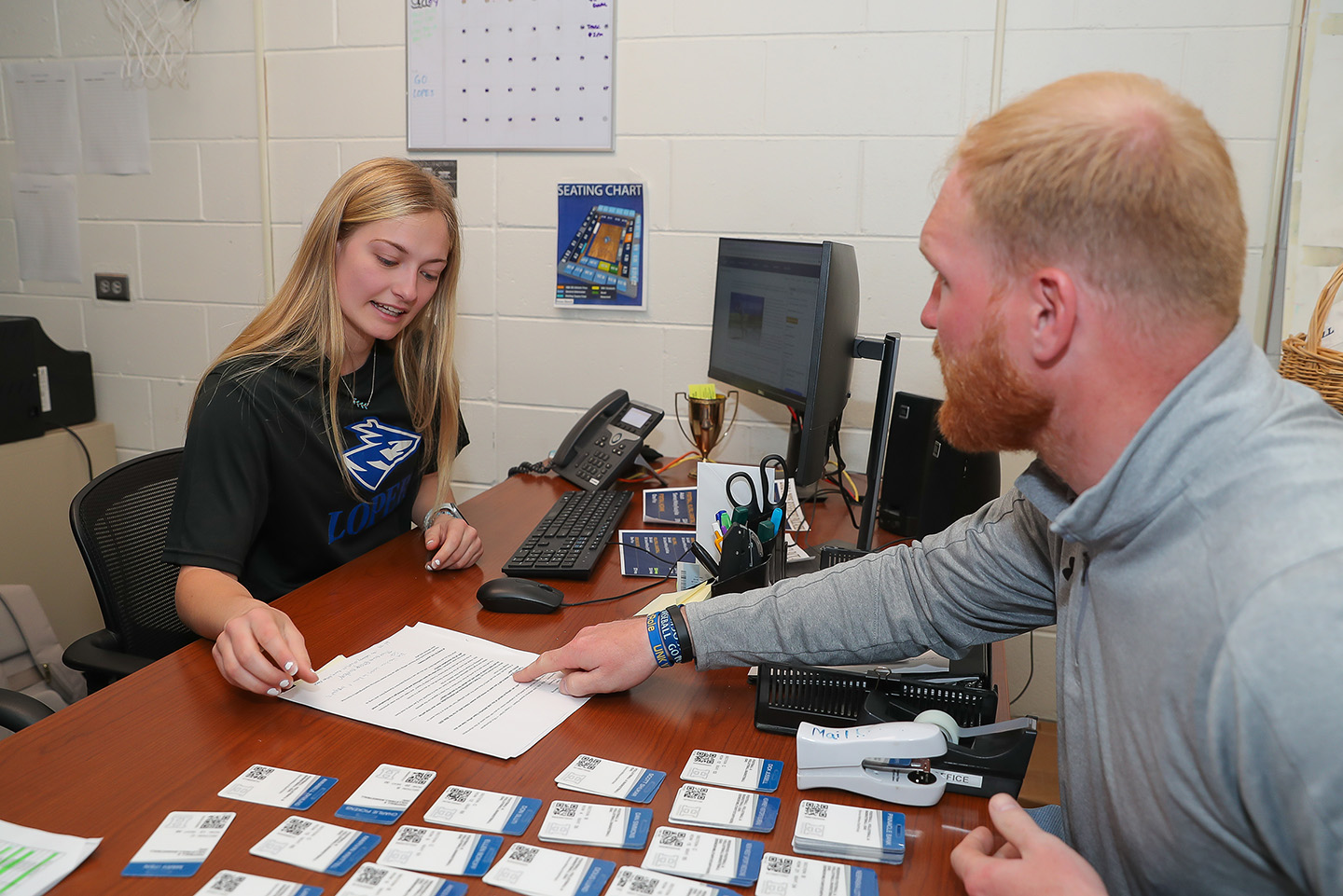 Hands-on, experiential learning is a major focus within UNK’s sport and recreation management program. Among the many opportunities, students can assist in sales, marketing, social media, event planning and facilities management with UNK Athletics. (Photo by Erika Pritchard, UNK Communications)