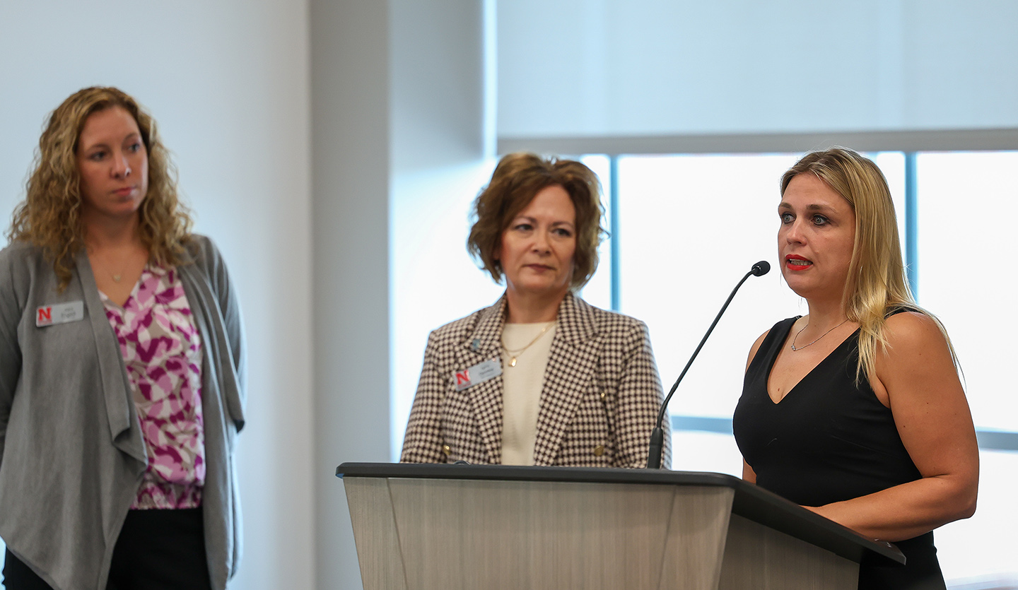 Holly Hatton-Bowers with UNL and Nebraska Extension discusses the state’s child care crisis Tuesday during an event announcing a new initiative to address this issue.