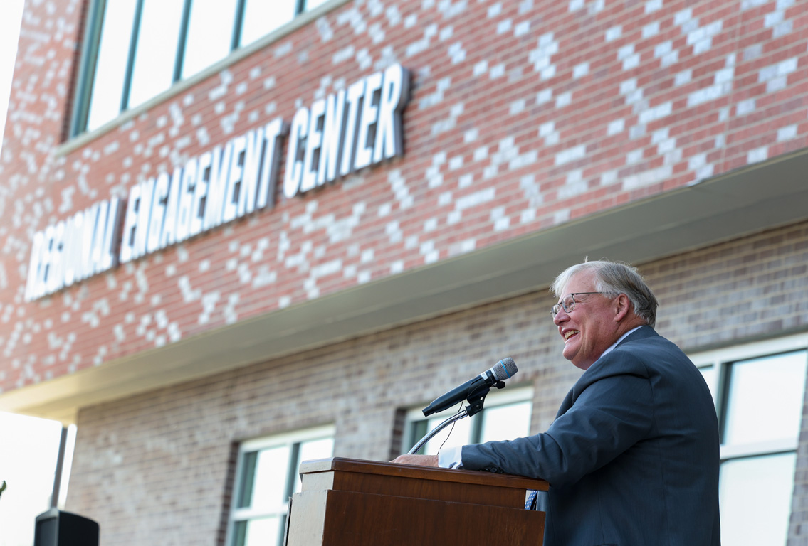 Former UNK Chancellor Doug Kristensen speaks during Thursday's ribbon-cutting ceremony at the new Regional Engagement Center.