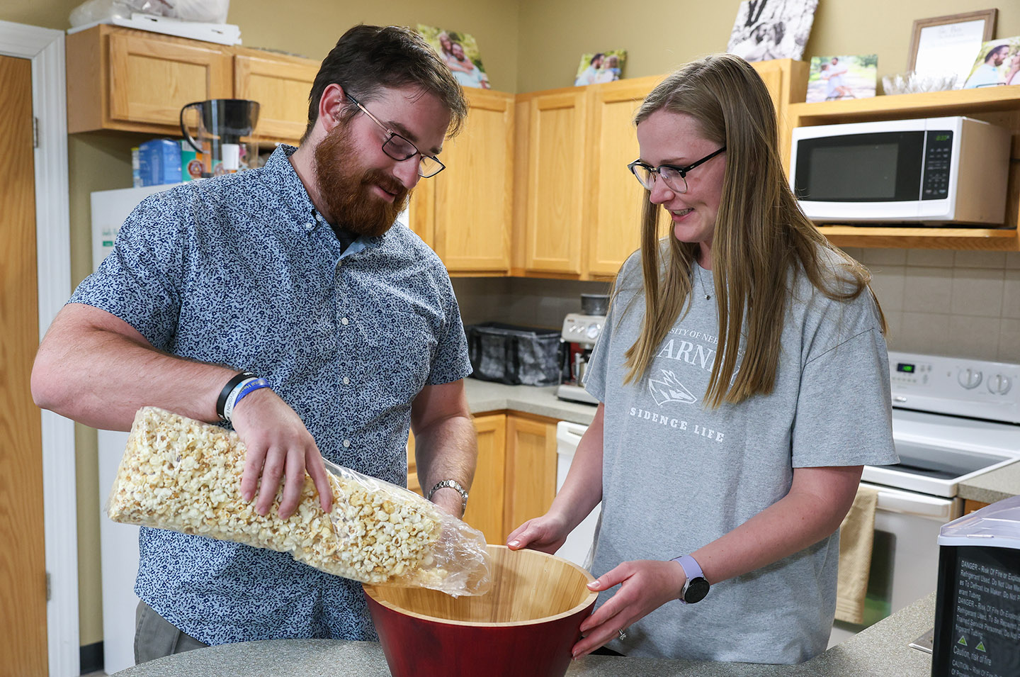 Alex Goracke, a senior residence hall coordinator at UNK, and his wife Lydia live in Antelope Hall on campus. His office is about 50 feet from their front door. (Photos by Erika Pritchard, UNK Communications)