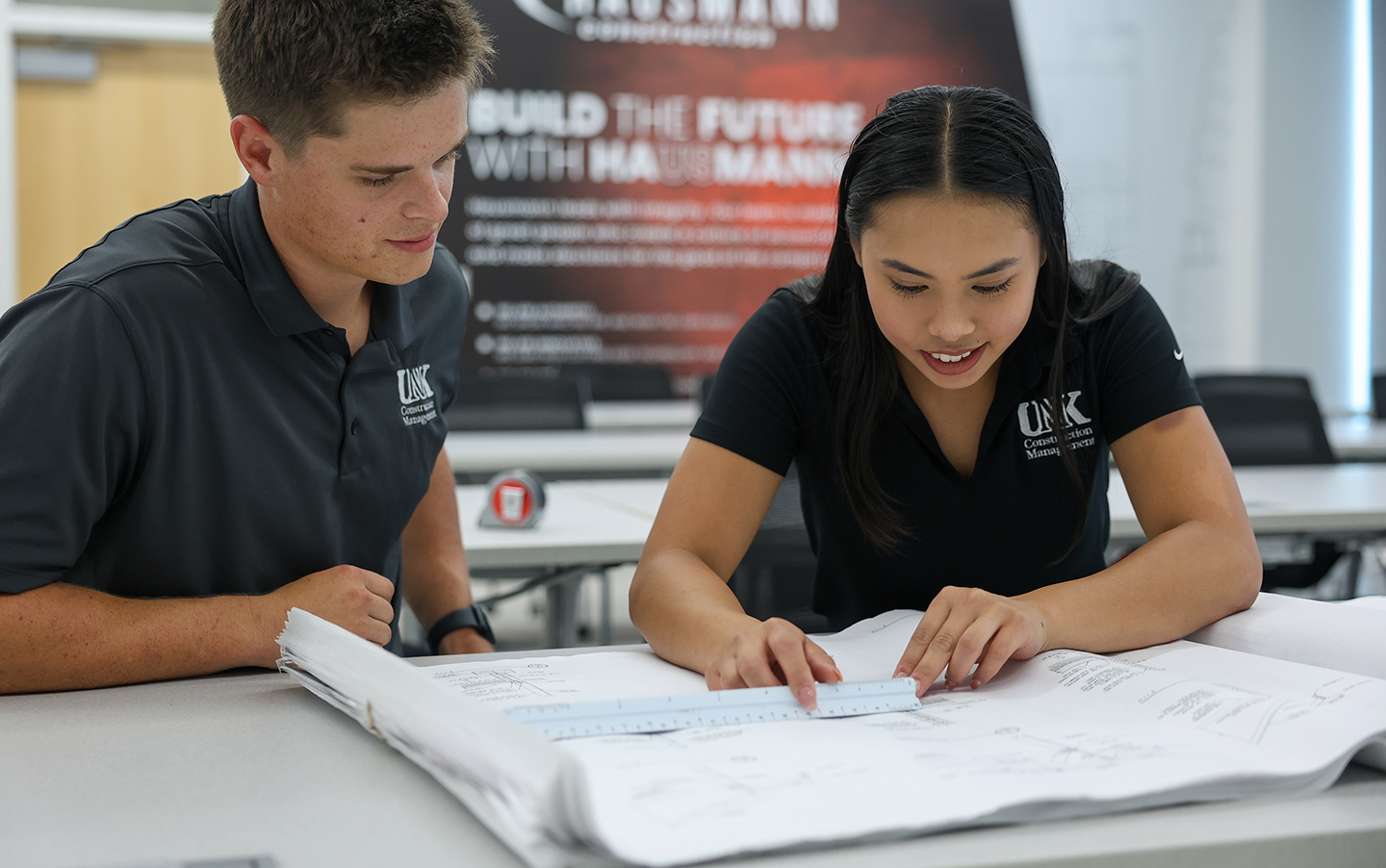 Michael Brands and Megan Dang are among the 80-plus students studying construction management at UNK. The program boasts a 100% job placement rate for graduates.