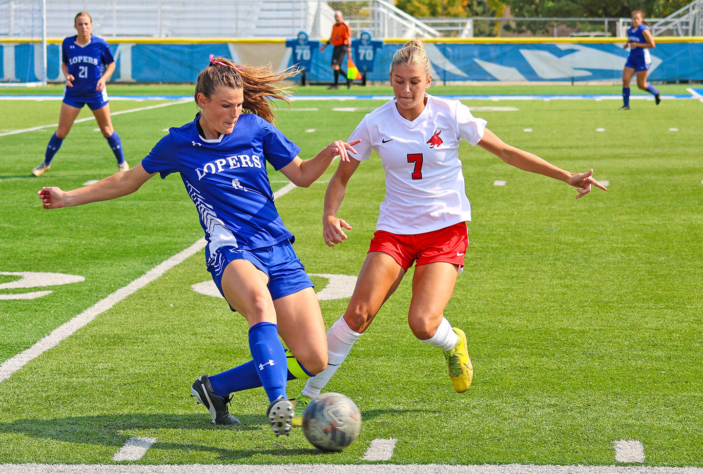 Dolcie Hanlon (4) has played in all 71 matches since joining UNK and started all but one of them. She’s just the fifth player in program history to reach 6,000 career minutes played.