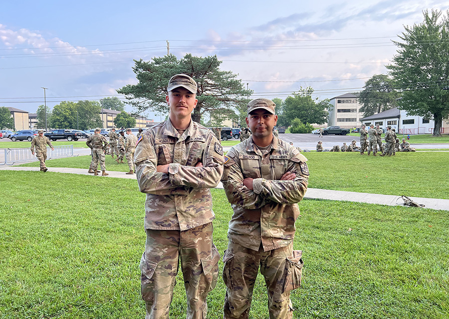 Caleb Hoadley, left, has served in the Nebraska Army National Guard since 2019 and he was part of the Army ROTC program at UNK. After graduation, he’ll be commissioned as an officer in the Army National Guard. (Courtesy photo)