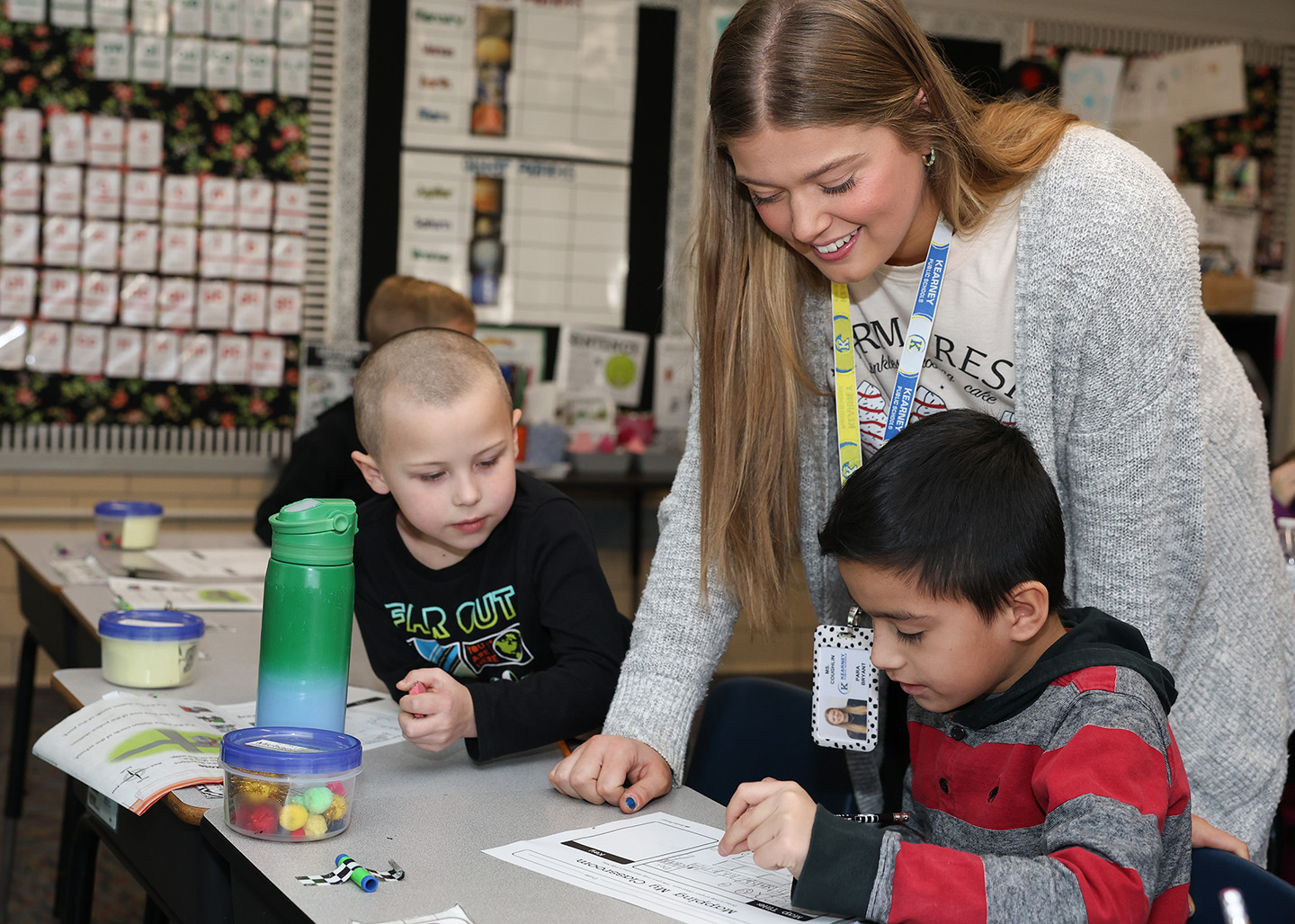 UNK senior Mackenzie Coughlin works with students at Bryant Elementary School in Kearney, where she completed her student teaching this semester. (Photo by Erika Pritchard, UNK Communications)