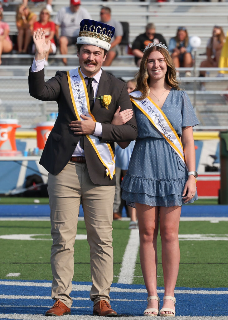 Caleb Wiseman and Courtney Cox, the 2024 UNK homecoming king and queen, are recognized during the Oct. 12 football game at Cope Stadium.