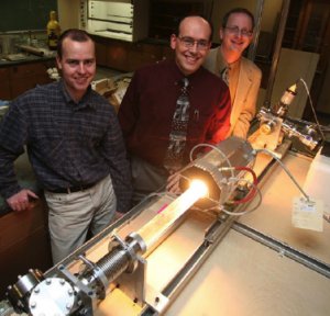 Scott Darveau (center) is a native of Alliance, Nebraska and earned his Ph.D in physical chemistry from the University of Chicago in 1998. Chris Exstrom (right) is an organic chemist who received his Ph.D from the University of Minnesota and Jiri Olejnicek (left) post-doctoral fellow.